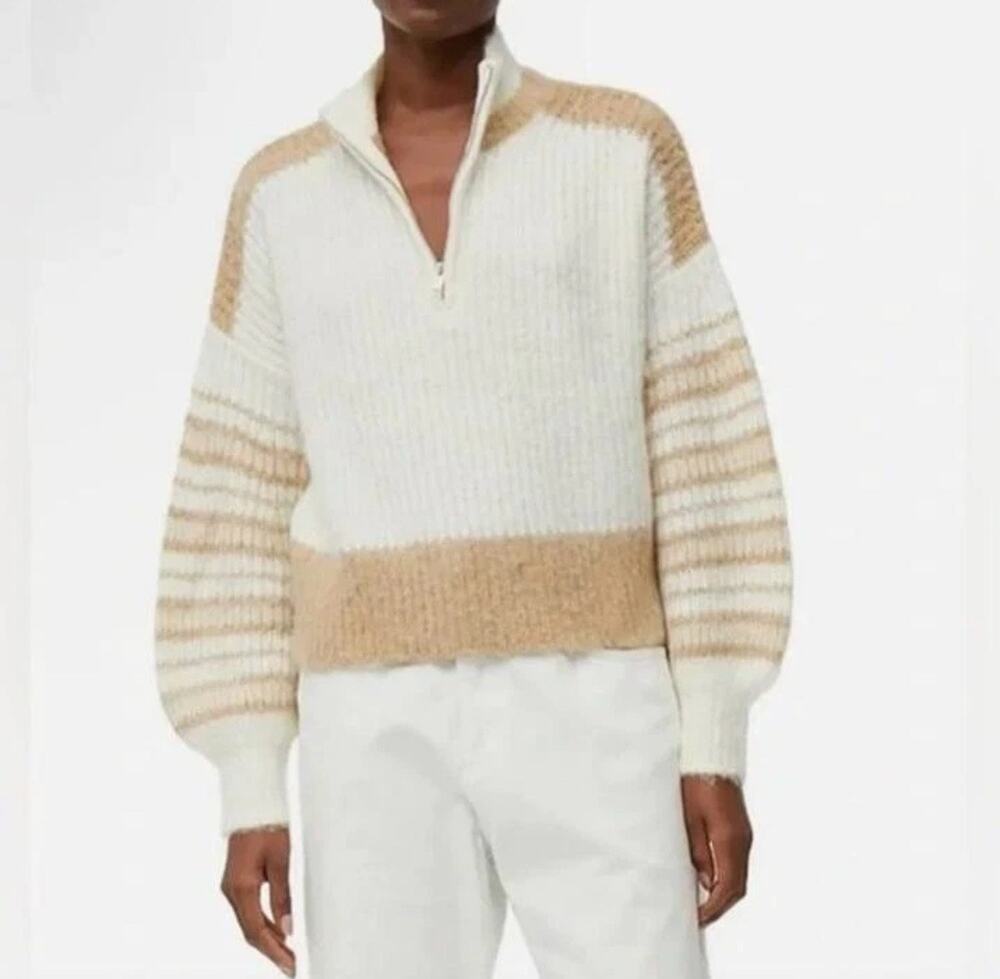 French Connection NEW Women's Beige Wool Blend 1/2 Zip Cropped Sweater Sz L